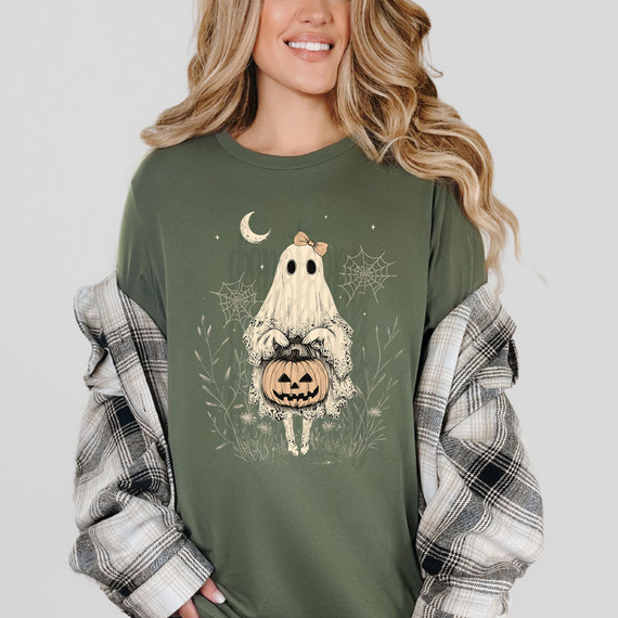 Lace Ghost DTF Heat Transfer, Halloween-themed ghost girl with a pumpkin, spooky night scene with moon and spider webs.