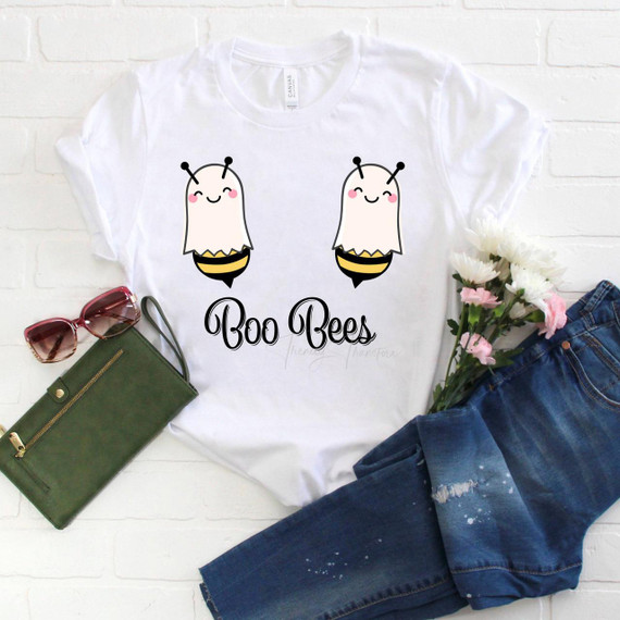 Boo Bees Halloween Ghost Bee Sublimation Transfer, adorable cartoon ghost bees with pink cheeks and black and yellow bee bodies on a white T-shirt.