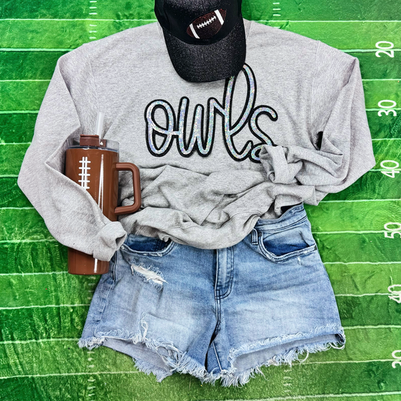 Owls Sequin Patch, decorative sequined patch of an owl on a grey sweatshirt.