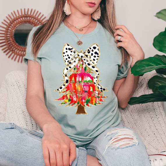 Red Brushstroke Christmas Tree Faux Glitter DTF Heat Transfer, colorful and glittery Christmas tree design with a bow, for crafting and decorating holiday apparel.