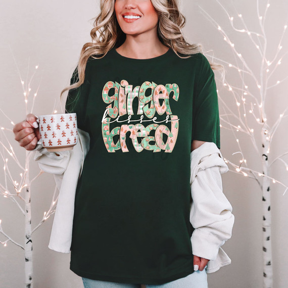 Gingerbread Kisses DTF Heat Transfer, Christmas-themed colorful gingerbread cookies design on a black t-shirt.