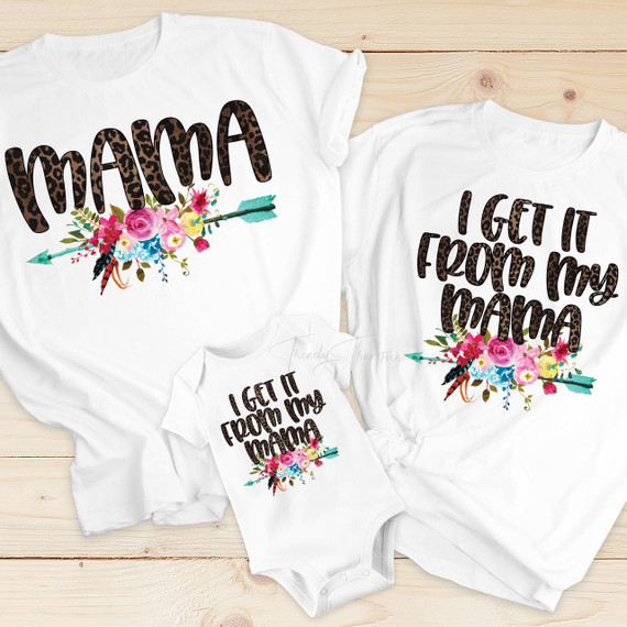 Leopard Print MAMA Sublimation Transfer, colorful floral design on white shirts for mothers and children.