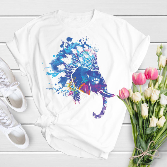 BOHO watercolor elephant Sublimation Transfer, white t-shirt with a vibrant watercolor-style elephant design featuring feathers and artistic splashes.