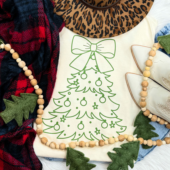Green Tree PUFF Screen Print Heat Transfer, Christmas tree design with ornaments and a bow, on a white background with holiday decorations.