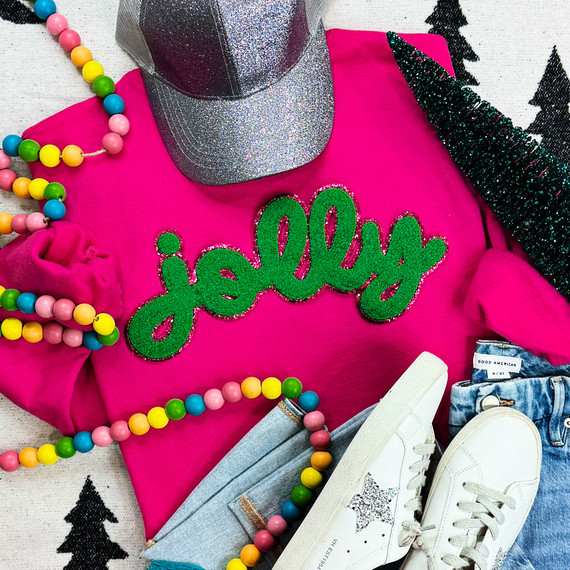 Green Chenille Jolly Patch, a green fuzzy holiday patch with a glittered outline and the word 'Jolly' in cursive script.