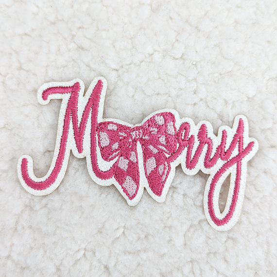 Merry Bow Embroidered HAT/POCKET Patch, pink embroidered bow with the word "Mommy" in pink cursive embroidery.