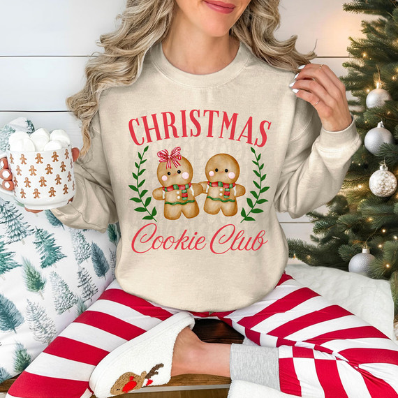 Christmas Cookie Club DTF Heat Transfer, festive design featuring gingerbread cookies with holiday decorations.