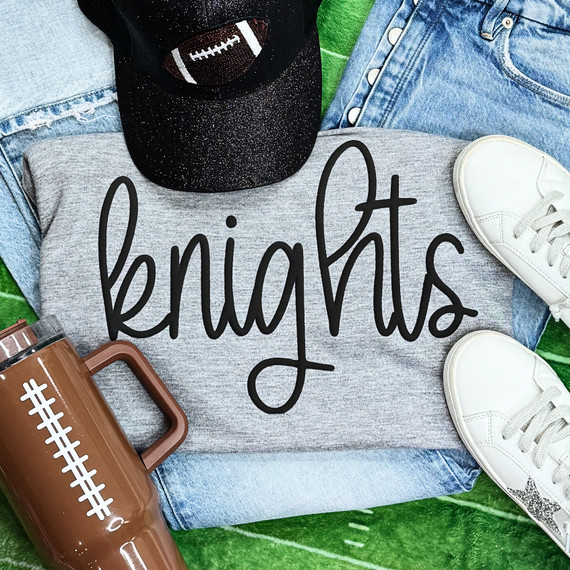 Knights Black PUFF Screen Print Heat Transfer, black puff football heat transfer design on gray sweatshirt