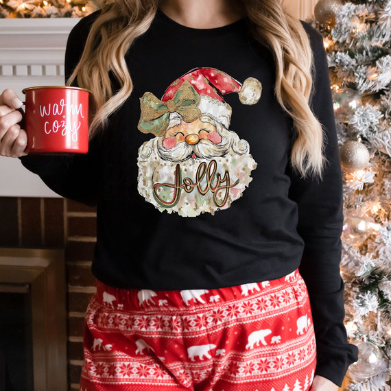 Jolly Santa Claus DTF Heat Transfer, festive Christmas sweatshirt with Santa graphic and holiday decor in background.