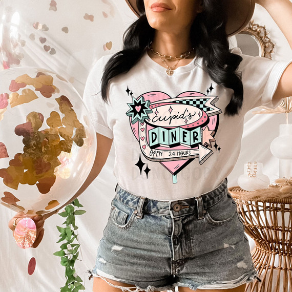 Cupid's Diner Open 24 Hours DTF Heat Transfer, colorful graphic design for apparel.