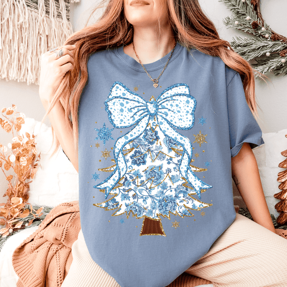 Coquette Blue Bow Christmas Tree DTF Heat Transfer 