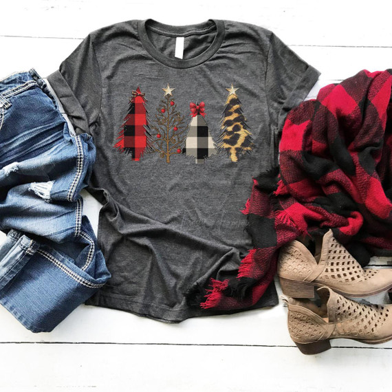 Patterned Christmas Trees Plaid Glitter Screen Print Heat Transfer, a holiday-themed t-shirt with four decorated Christmas trees in plaid, glitter, and animal print designs.