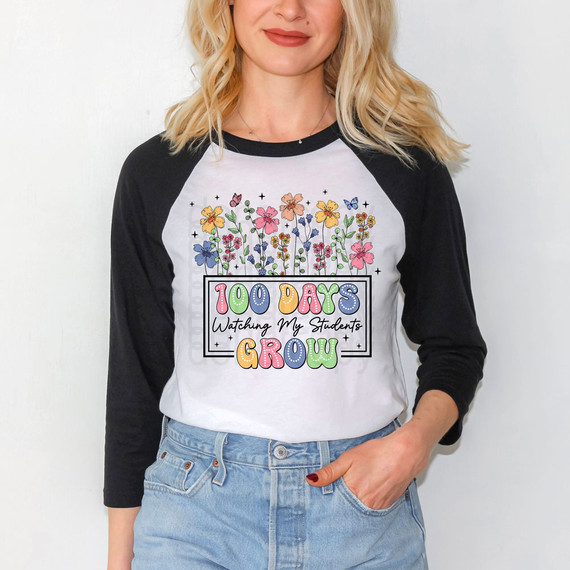100 Days Watching My Students Grow DTF Heat Transfer, colorful floral design with text on a baseball-style shirt.