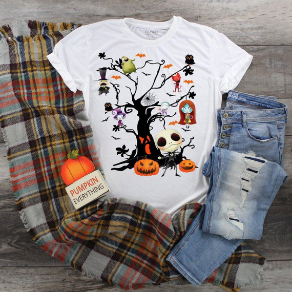 Nightmare before Christmas Jack Skellington Spooky Tree Fan art Sublimation Transfer, featuring a Halloween-themed design with characters and pumpkins on a white T-shirt.