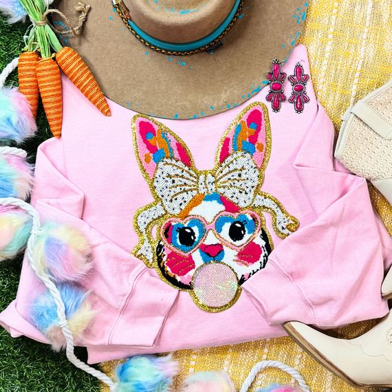 Multi Colored Easter Bunny Chenille Sequins Patch, colorful embroidered patch featuring bunny ears and face with sequins on pink fabric.