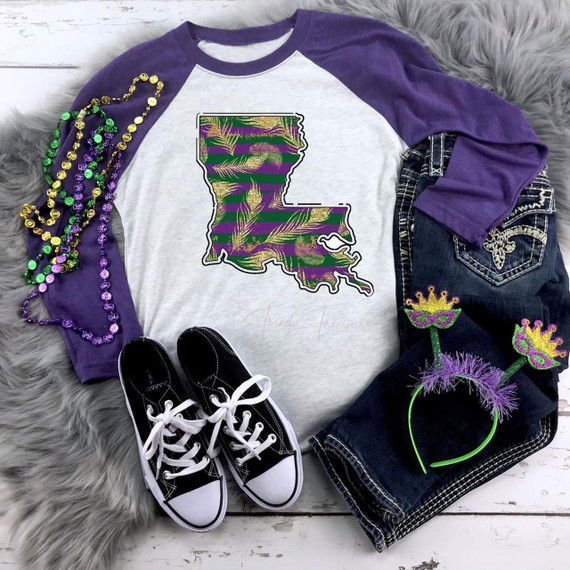Louisiana Map Sublimation Transfer, colorful Louisiana state map with green and purple tropical leaf pattern.