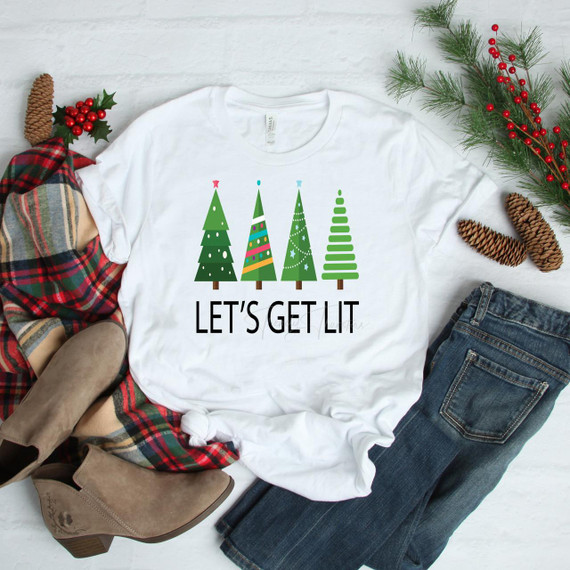 Let's Get Lit Christmas Trees Sublimation Transfer, festive Christmas tree design on a white T-shirt for holiday decoration.