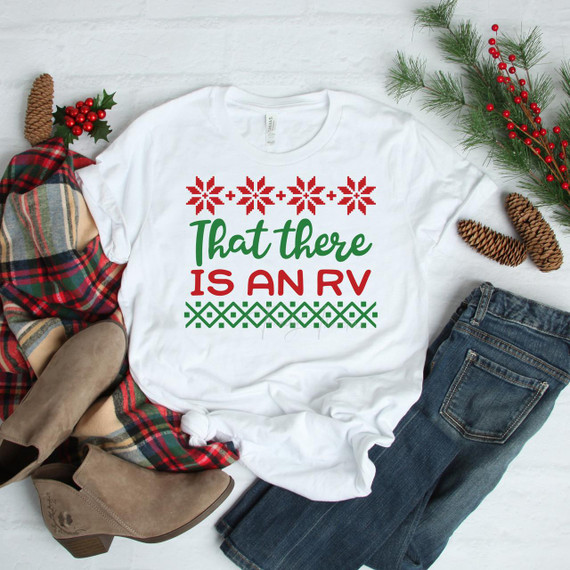RV Sublimation Transfer, Christmas-themed T-shirt with festive graphics and text