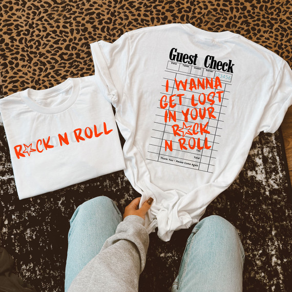 Guest Check Rock N Roll Full Size Set DTF Heat Transfer, white T-shirts with bold red rock and roll themed graphics, one displaying a parody guest check receipt with text 'I WANNA GET LOST IN YOUR ROCK N ROLL' and the other with simple 'ROCK N ROLL' lettering.