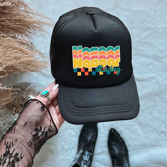 Nascar Racing Retro DTF Heat Transfer, colorful retro style Nascar Racing logo on a black trucker cap.