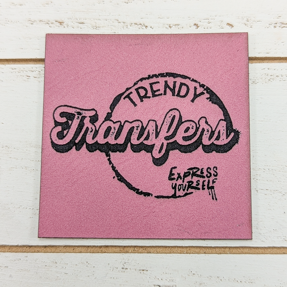 Custom Faux Leather Hat Patch - Square, pink faux leather patch with black and pink embroidered text and design.