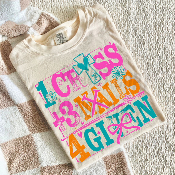 One Cross Three Nails Four Given DTF Heat Transfer, colorful multicolor design on a white T-shirt.
