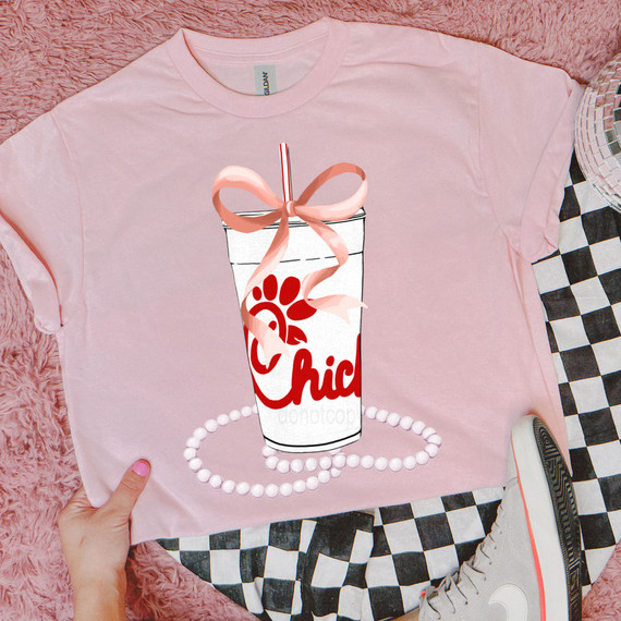 Chic Coquette Bow DTF Heat Transfer, pink T-shirt with graphic of a beverage cup featuring bow and pearl design.