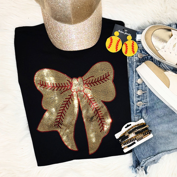 Softball Bow Spangled Transfer, gold and red glitter bow design for clothing decoration.