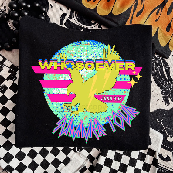 Whosoever Summer Tour DTF Heat Transfer, vibrant design featuring a yellow dinosaur with raised arms, pink and purple stripes, stars, and text, on a black fabric background.