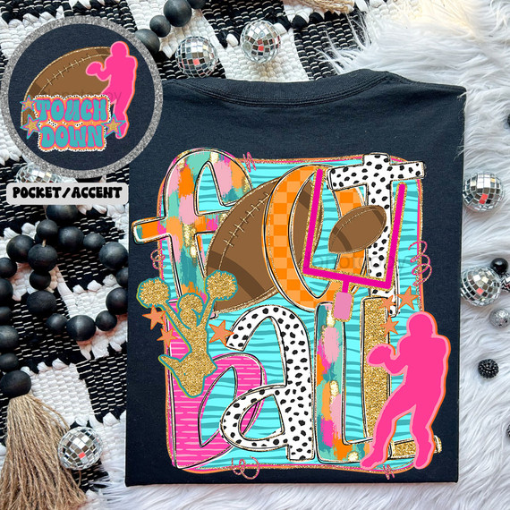 Retro Football Black Dots Pattern SET DTF Heat Transfer, colorful and playful football-themed design with various patterns, silhouettes, and accents for apparel customization.