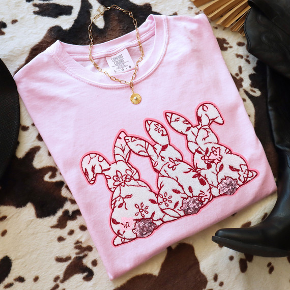Pink Floral Triple Bunny Chenille Patch