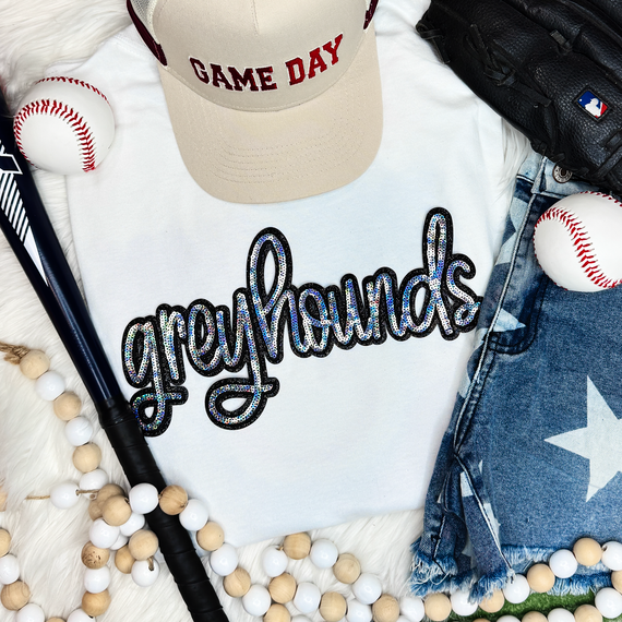 Greyhounds Sequin Patch, colorful sequin embroidered patch spelling 'greyhounds' on a white t-shirt.