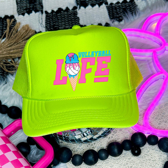 Volleyball Life Drip DTF Heat Transfer hat, fluorescent yellow with colorful volleyball and ice cream cone graphic, and bold 'LOVE' text design.