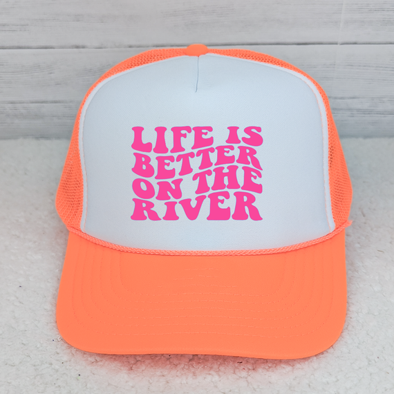 Life Is Better On The River NEON Pink Hat/Pocket Screen Print Heat Transfer, orange and white trucker cap with neon pink text design on the front panel.
