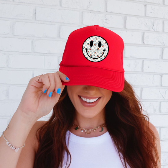Cherry Checkered Happy Face Black Outline DTF Heat Transfer, the ball cap features a cheerful checkered smiley face with cherries, outlined in black on a red cap.