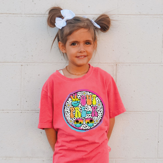 Retro Peace Out Pre-K DTF Heat Transfer, colorful and playful design for children's apparel featuring peace signs, flowers, and vibrant text.