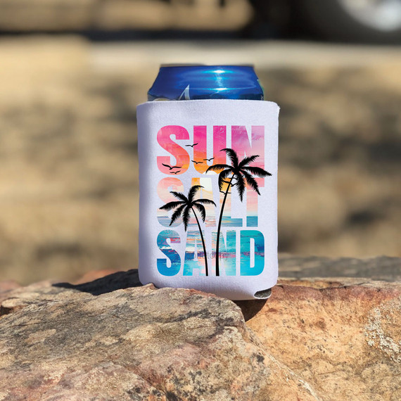 Sun Salt Sand Palm Trees DTF Heat Transfer, a colorful design featuring palm trees, sunset, and ocean waves on a white can cooler.