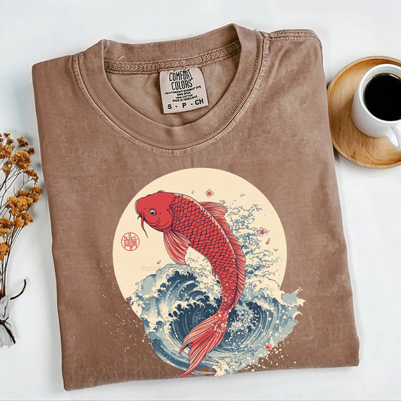Japanese Koi DTF Heat Transfer, a vibrant red koi fish jumping out of blue ocean waves with traditional Japanese design elements.