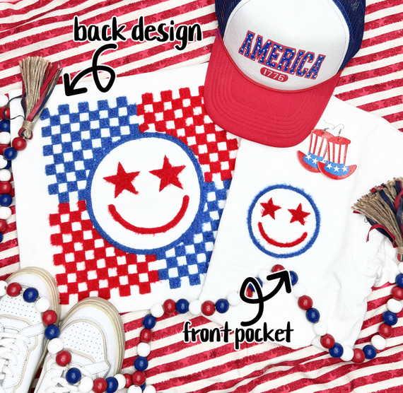 Red and Blue Checkered Happy Face Fluffy Patches, featuring a white background with red and blue checkered pattern, a smiling face with star-shaped eyes, suitable for decorative or crafting use.