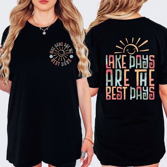 Lake Days Are The Best Days Boho SET DTF Heat Transfer, black T-shirt with colorful text and sun design, showcasing a fun summer and lake-themed graphic design.