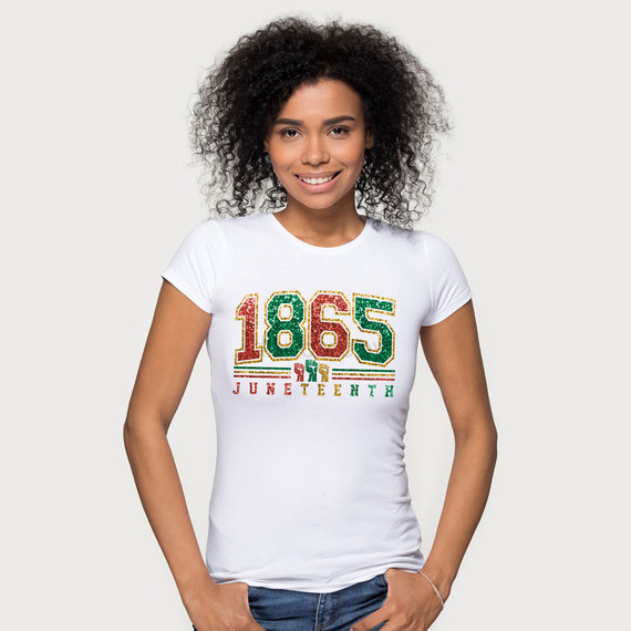 Product 1865 Juneteenth Faux Sequins DTF Heat Transfer, a woman wearing a white t-shirt with colorful, glittering sequined design celebrating Juneteenth with the year 1865 and the word 'JUNETEENTH' in vibrant colors.