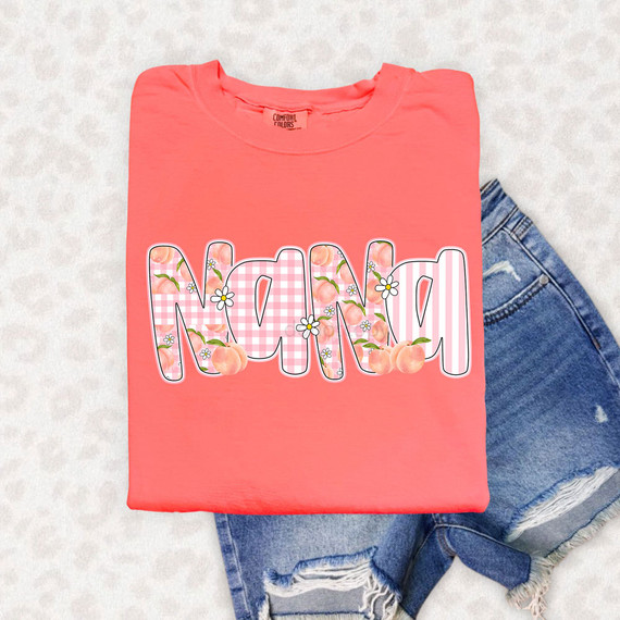 Nana Peachy Floral Gingham DTF Heat Transfer