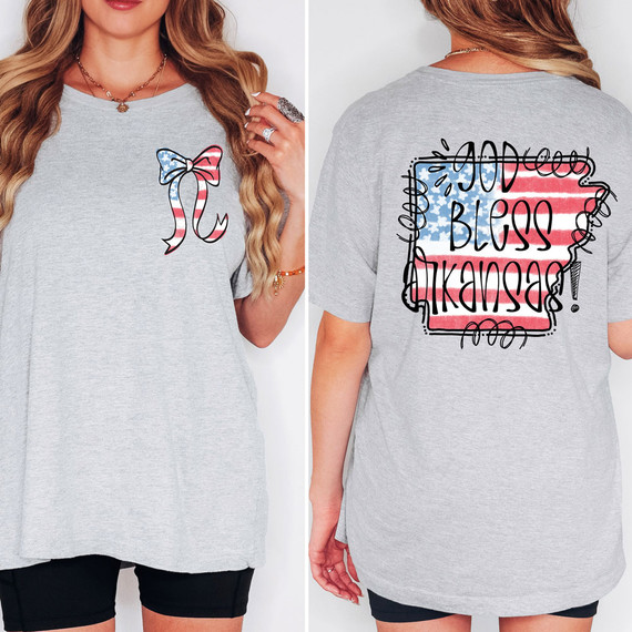 God Bless Arkansas SET DTF Heat Transfer T-shirt, gray short sleeve women's t-shirt with Arkansas design and American flag colors