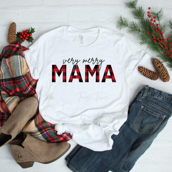 Very Merry Mama Buffalo Plaid Sublimation Transfer, white T-shirt with red and black buffalo plaid pattern text for holiday or Christmas wear.