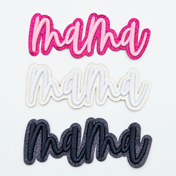 Mama Glitter & Embroidered Hat Patch – Choose Your Color, colorful embroidered patches spelling 'Mama' in pink, white, and black with glitter accents.