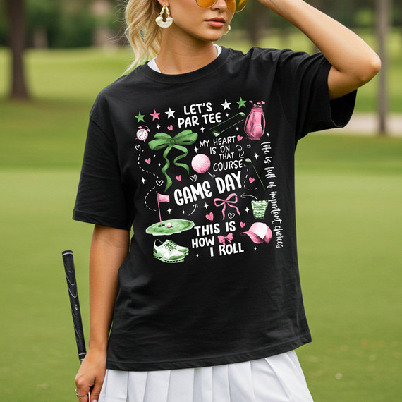 Let's Par Tee Golf DTF Heat Transfer, colorful graphic design on a black women's T-shirt, featuring golf-themed elements and playful text.