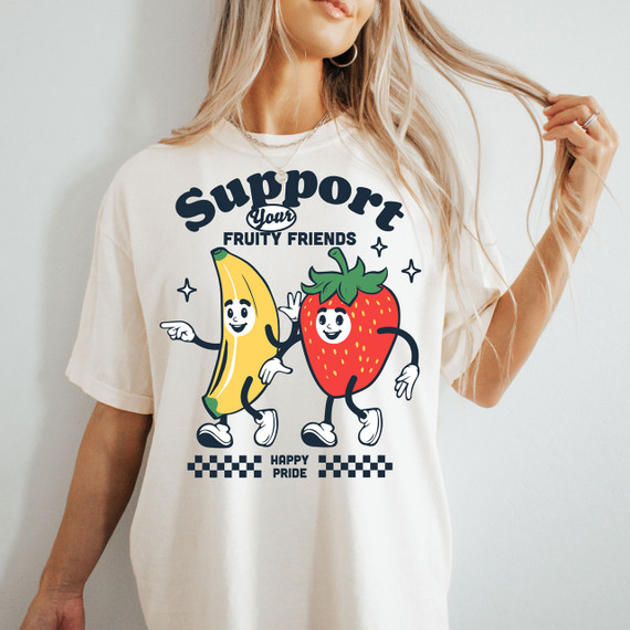 Support Your Fruity Friends DTF Heat Transfer, a cheerful graphic design featuring animated banana and strawberry characters with text.