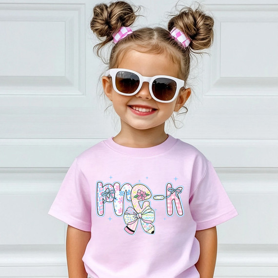 Back To School Patterned Bow DTF Heat Transfer, colorful and stylish design for children's clothing.