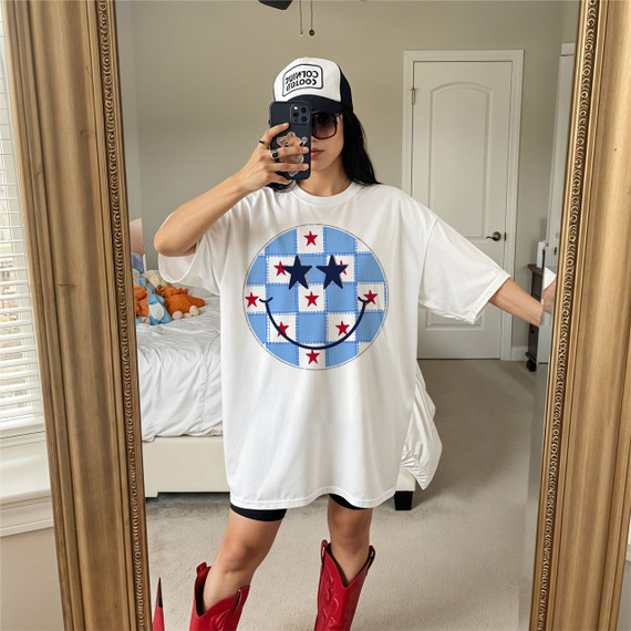Stitched Red White & Blue Happy Face DTF Heat Transfer, a colorful and patriotic smiley face design with star and stripe patterns.