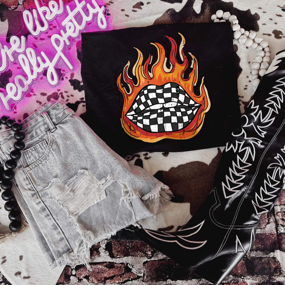 Flame Lips & Checkered Mouth DTF Heat Transfer, product graphic featuring a bold graphic design of lips with checkered pattern surrounded by flames.